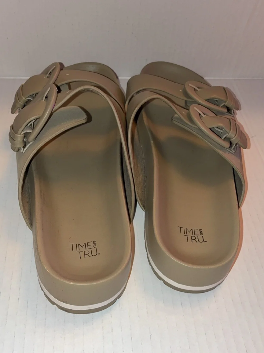 Time and Tru Taupe Double-Strap Buckle Slide Sandals